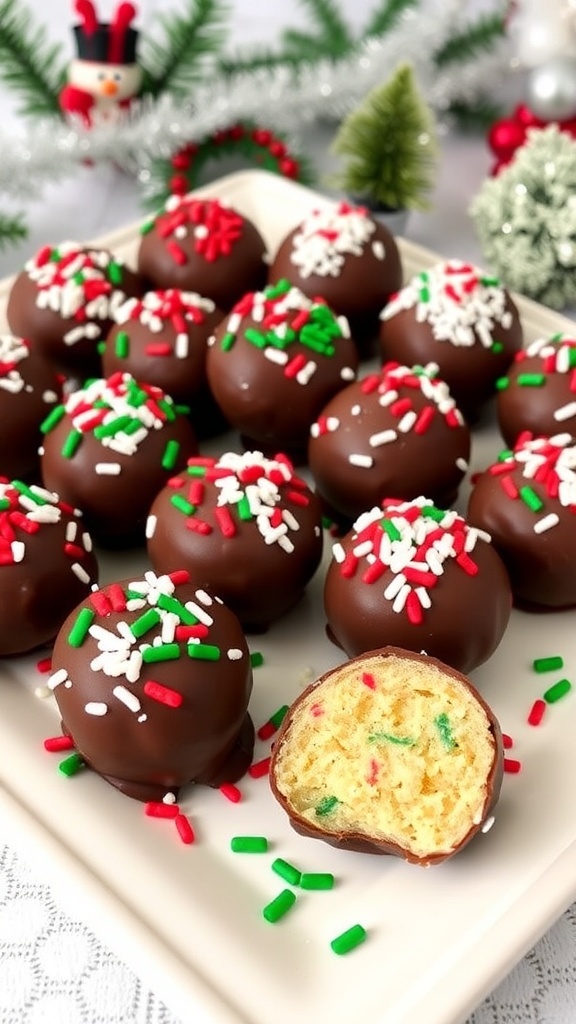 Festive Christmas Dessert Balls Recipe A festive assortment of chocolate-coated dessert balls decorated with sprinkles and coconut on a holiday platter.